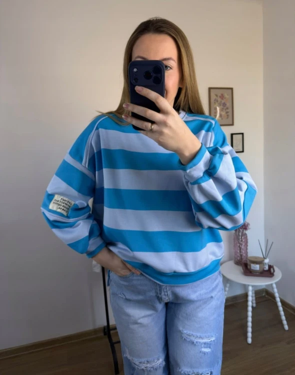 Bluza oversize w paski niebieska AZARA- FRESH STRIPES