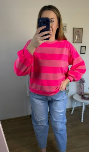 Bluza oversize w paski różowa AZARA- FRESH STRIPES