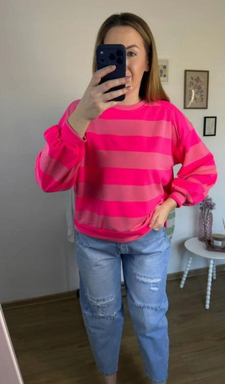 Bluza oversize w paski różowa AZARA- FRESH STRIPES
