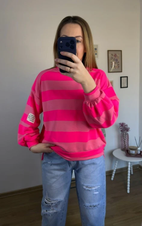 Bluza oversize w paski różowa AZARA- FRESH STRIPES