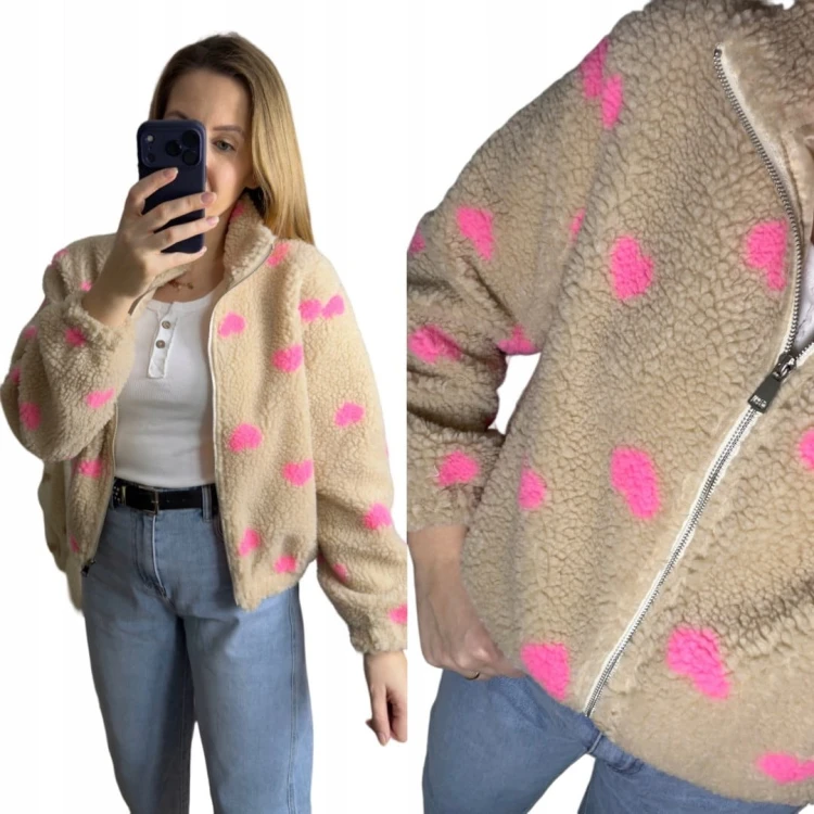 Bluza polarowa bomberka teddy w serduszka beżowa oversize- SOFT HEART