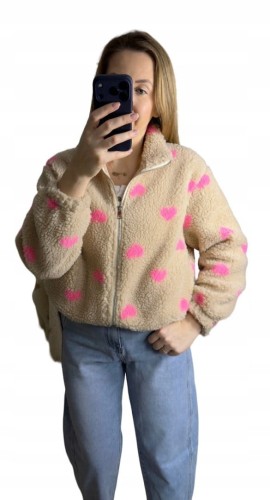 Bluza polarowa bomberka teddy w serduszka beżowa oversize- SOFT HEART