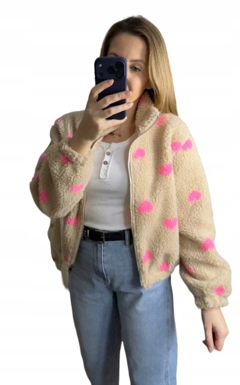 Bluza polarowa bomberka teddy w serduszka beżowa oversize- SOFT HEART
