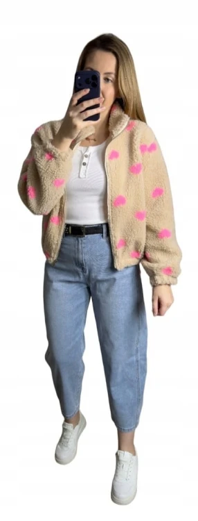 Bluza polarowa bomberka teddy w serduszka beżowa oversize- SOFT HEART