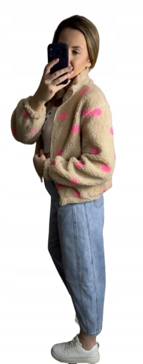 Bluza polarowa bomberka teddy w serduszka beżowa oversize- SOFT HEART
