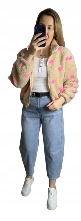 Bluza polarowa bomberka teddy w serduszka beżowa oversize- SOFT HEART
