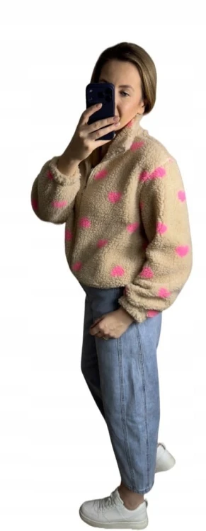Bluza polarowa bomberka teddy w serduszka beżowa oversize- SOFT HEART
