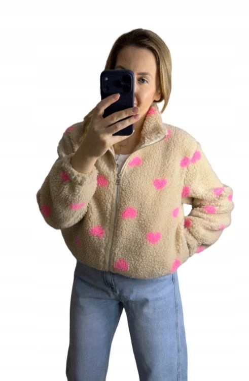 Bluza polarowa bomberka teddy w serduszka beżowa oversize- SOFT HEART