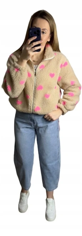 Bluza polarowa bomberka teddy w serduszka beżowa oversize- SOFT HEART