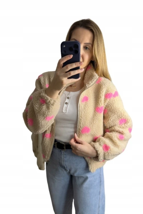 Bluza polarowa bomberka teddy w serduszka beżowa oversize- SOFT HEART