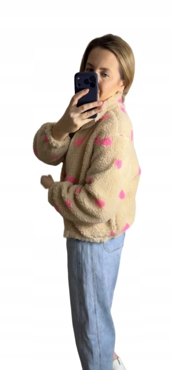Bluza polarowa bomberka teddy w serduszka beżowa oversize- SOFT HEART