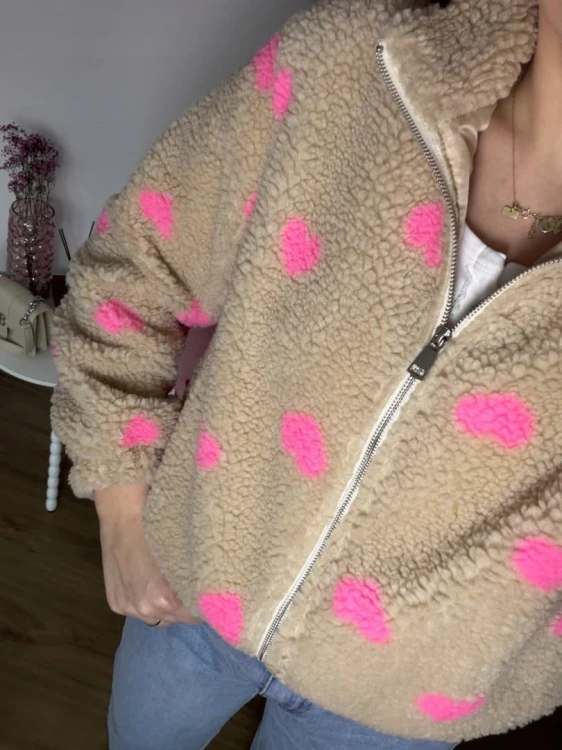 Bluza polarowa bomberka teddy w serduszka beżowa oversize- SOFT HEART