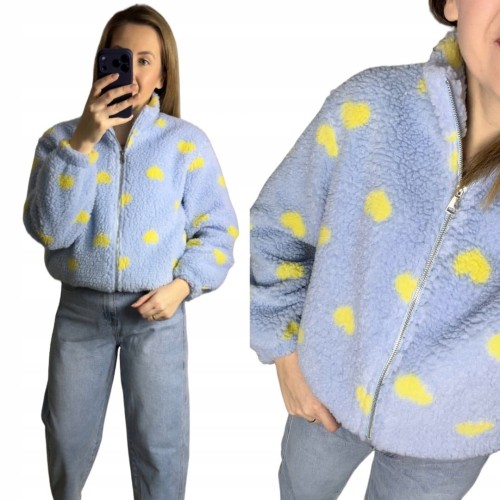 Bluza polarowa bomberka teddy w serduszka niebieska oversize- SOFT HEART