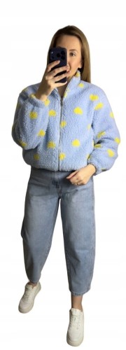 Bluza polarowa bomberka teddy w serduszka niebieska oversize- SOFT HEART