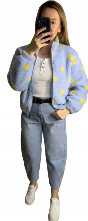 Bluza polarowa bomberka teddy w serduszka niebieska oversize- SOFT HEART