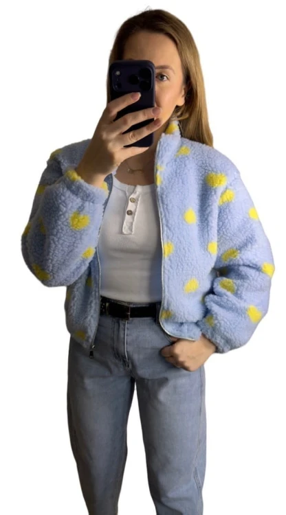Bluza polarowa bomberka teddy w serduszka niebieska oversize- SOFT HEART
