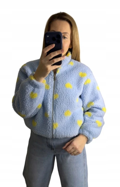 Bluza polarowa bomberka teddy w serduszka niebieska oversize- SOFT HEART