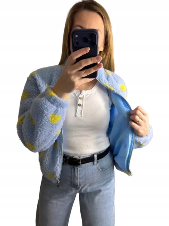 Bluza polarowa bomberka teddy w serduszka niebieska oversize- SOFT HEART