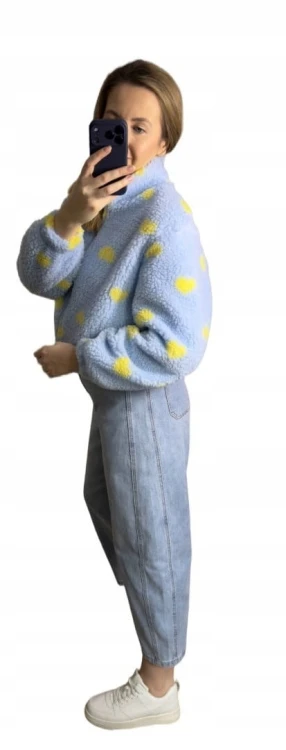 Bluza polarowa bomberka teddy w serduszka niebieska oversize- SOFT HEART