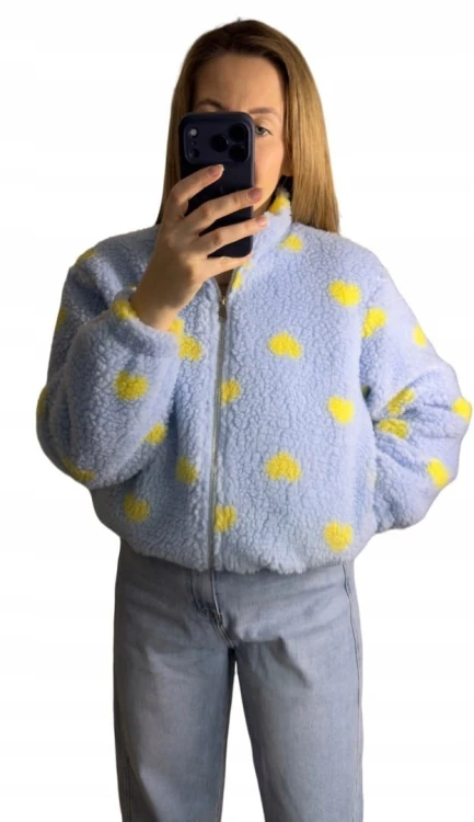 Bluza polarowa bomberka teddy w serduszka niebieska oversize- SOFT HEART