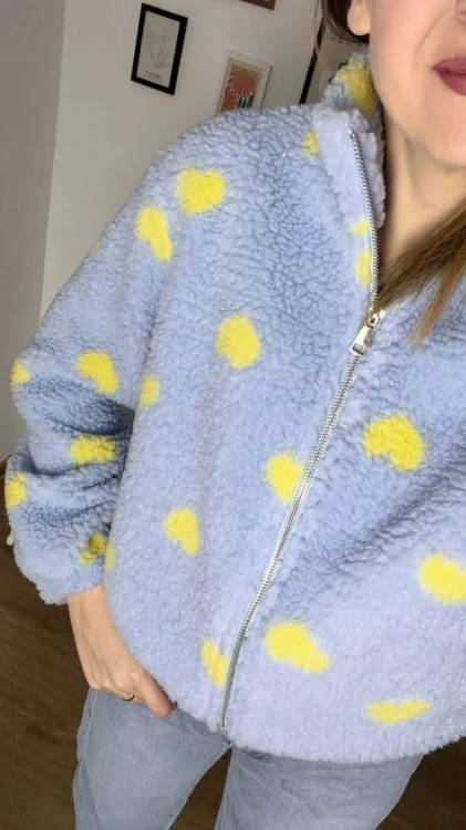 Bluza polarowa bomberka teddy w serduszka niebieska oversize- SOFT HEART