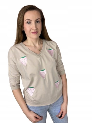Bluzka dresowa rękaw 3/4 luźna haftowana haft truskawki słodka V Megi S/M