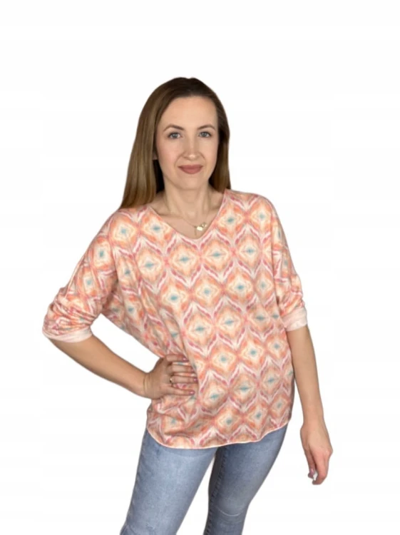 Bluzka dzianinowa dekolt V luźna rękawy wiosna wzorzysta uni bawełna