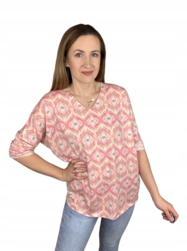 Bluzka dzianinowa dekolt V luźna rękawy wiosna wzorzysta uni bawełna