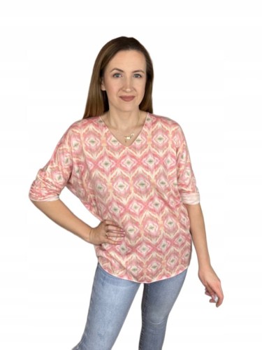 Bluzka dzianinowa dekolt V luźna rękawy wiosna wzorzysta uni bawełna