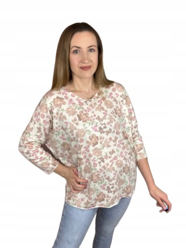 Bluzka dzianinowa dekolt V luźna rękawy wiosna wzorzysta uni bawełna