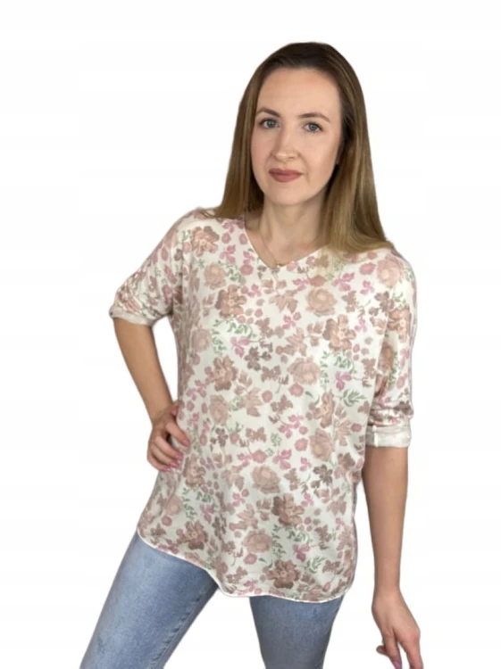 Bluzka dzianinowa dekolt V luźna rękawy wiosna wzorzysta uni bawełna