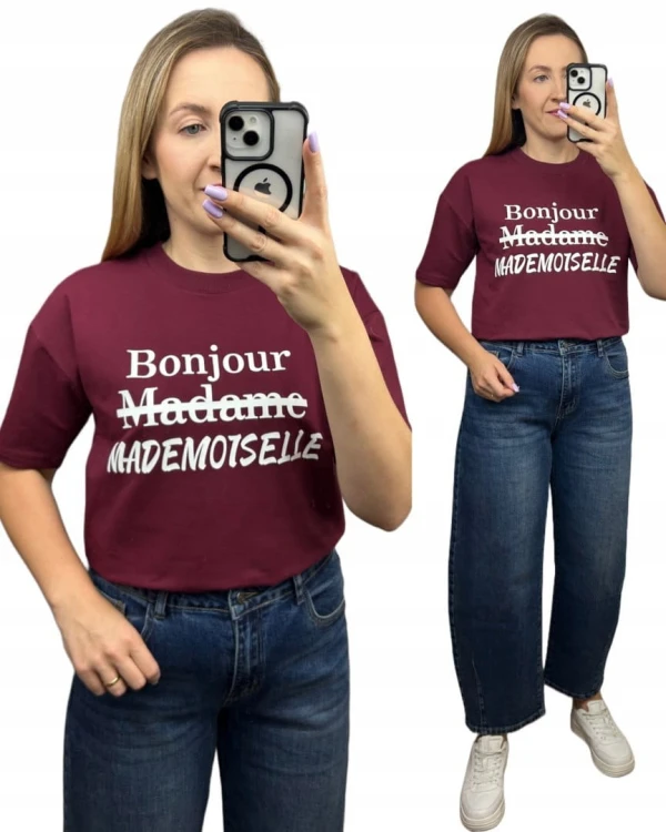 Bordowy t-shirt biały napis oversize bawełniany Millagro- BONJOUR