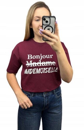 Bordowy t-shirt biały napis oversize bawełniany Millagro- BONJOUR