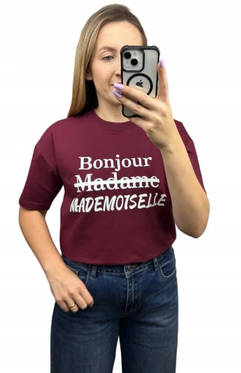 Bordowy t-shirt biały napis oversize bawełniany Millagro- BONJOUR