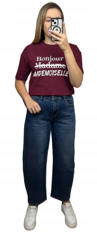 Bordowy t-shirt biały napis oversize bawełniany Millagro- BONJOUR