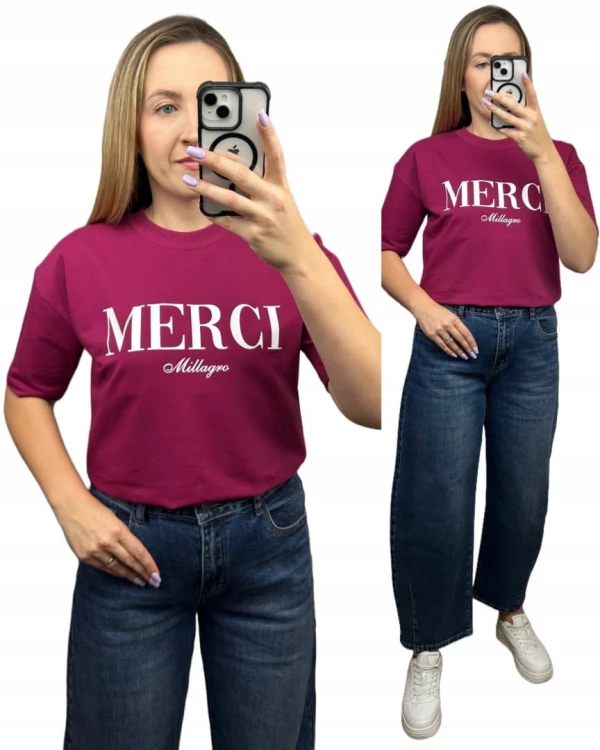 Buraczkowy t-shirt biały napis oversize bawełniany Millagro- MERCI