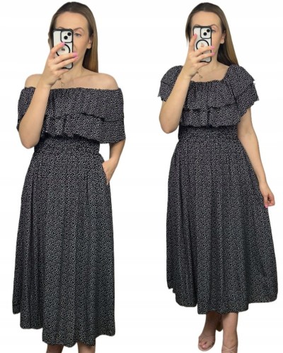 Czarna sukienka midi dłuższa hiszpanka falbanki groszki kieszenie wiskoza