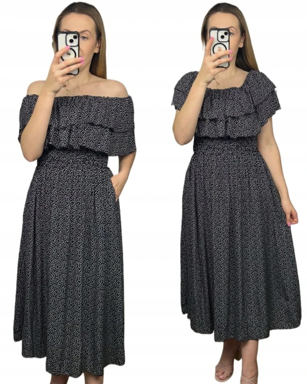Czarna sukienka midi dłuższa hiszpanka falbanki groszki kieszenie wiskoza