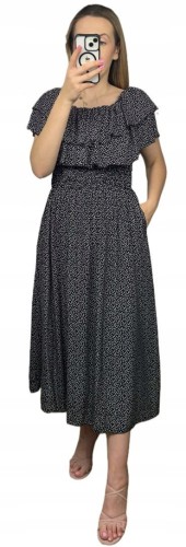 Czarna sukienka midi dłuższa hiszpanka falbanki groszki kieszenie wiskoza