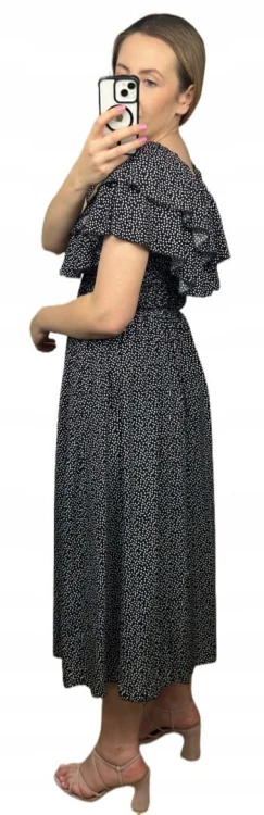 Czarna sukienka midi dłuższa hiszpanka falbanki groszki kieszenie wiskoza