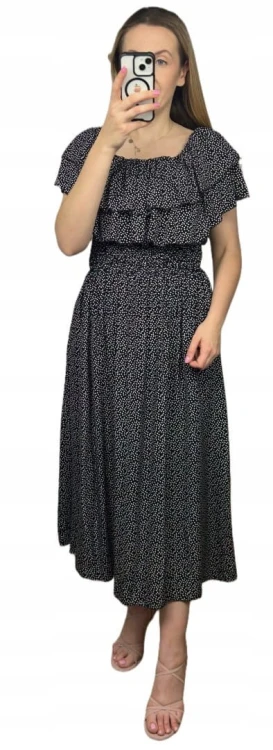 Czarna sukienka midi dłuższa hiszpanka falbanki groszki kieszenie wiskoza