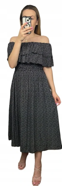 Czarna sukienka midi dłuższa hiszpanka falbanki groszki kieszenie wiskoza