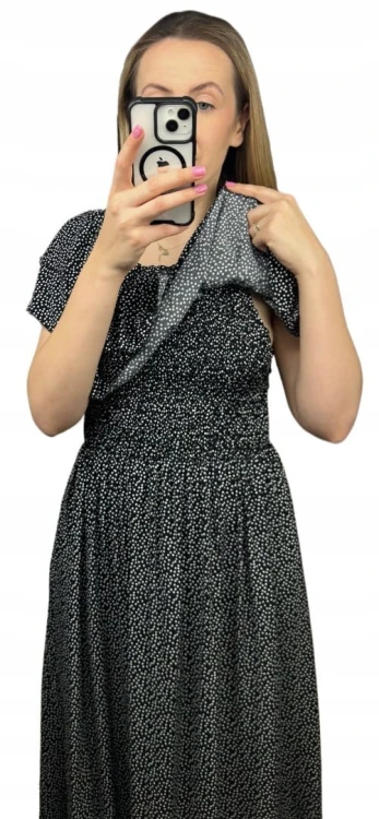 Czarna sukienka midi dłuższa hiszpanka falbanki groszki kieszenie wiskoza