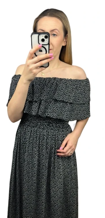 Czarna sukienka midi dłuższa hiszpanka falbanki groszki kieszenie wiskoza