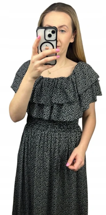 Czarna sukienka midi dłuższa hiszpanka falbanki groszki kieszenie wiskoza