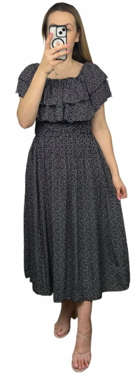 Czarna sukienka midi dłuższa hiszpanka falbanki groszki kieszenie wiskoza