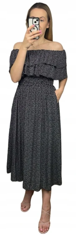 Czarna sukienka midi dłuższa hiszpanka falbanki groszki kieszenie wiskoza