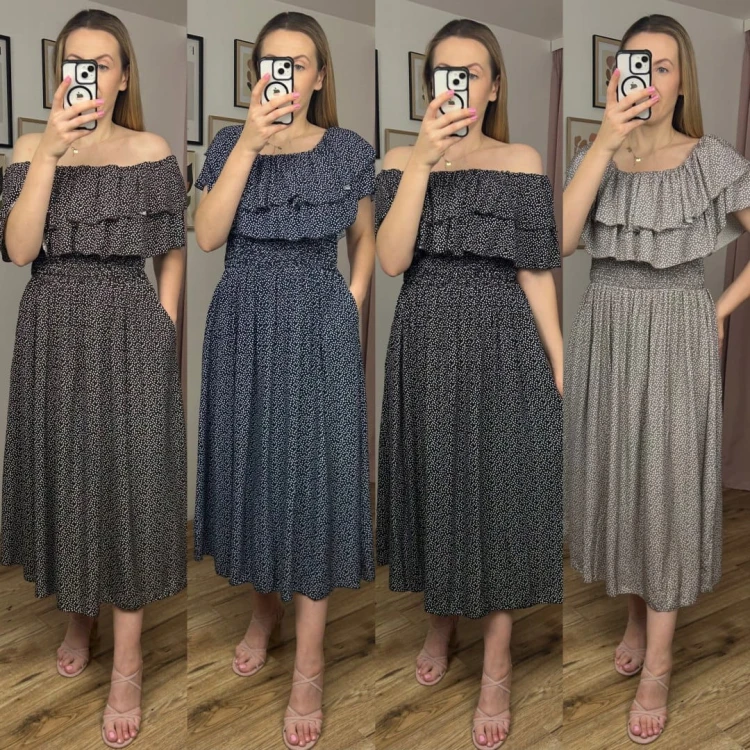 Czarna sukienka midi dłuższa hiszpanka falbanki groszki kieszenie wiskoza