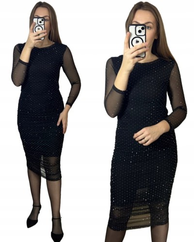 Czarna sukienka midi dłuższa siateczkowa siateczka marszczenia diamenciki- DIAMENZA