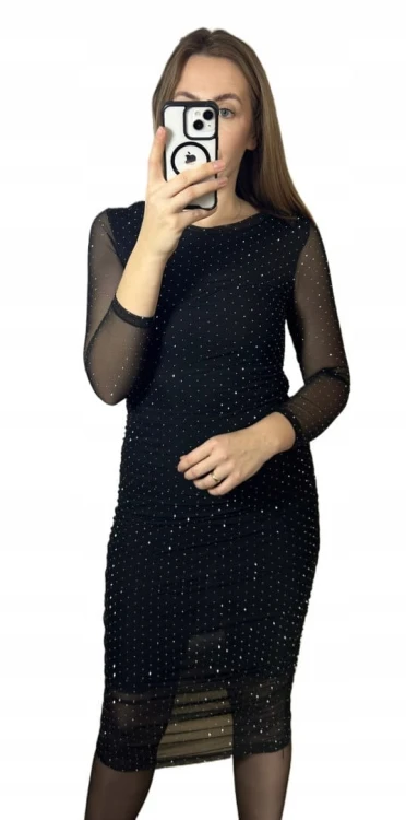 Czarna sukienka midi dłuższa siateczkowa siateczka marszczenia diamenciki- DIAMENZA